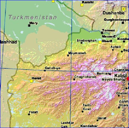 Physique carte de Afghanistan en anglais