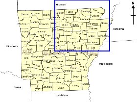 Administrativa mapa de Arkansas em ingles