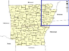 Administrativa mapa de Arkansas em ingles