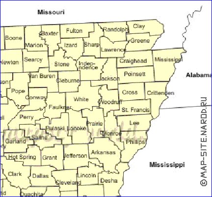 Administrativa mapa de Arkansas em ingles