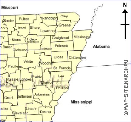 Administratives carte de Arkansas en anglais