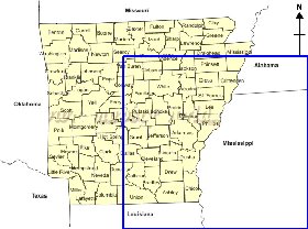 Administrativa mapa de Arkansas em ingles