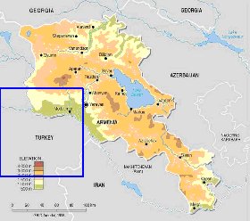 Physique carte de Armenie en anglais