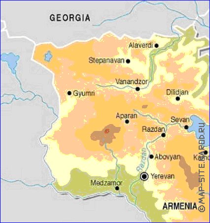 Physique carte de Armenie en anglais